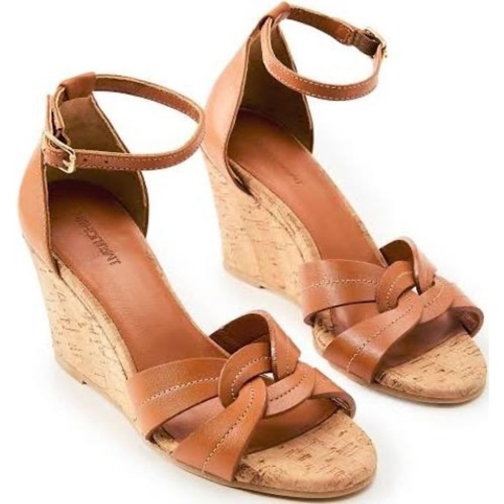 J.McLaughlin Madrid Tan Leather Cork Wedge Sandals Ankle Strap Size 9